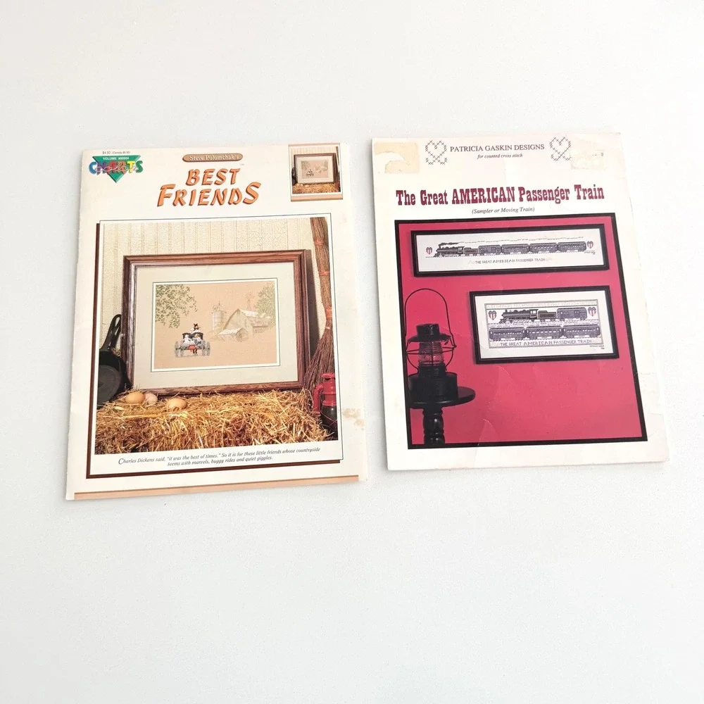 Lot 2 Vintage Cross Stitch Pattern Books Amish Train Americana‎ Sampler